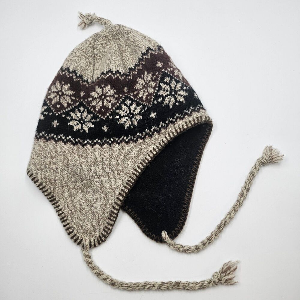 Wool Blend Fair Isle Chullo Earflap Beanie Hat Fleece Lined Nordic Knit Brown